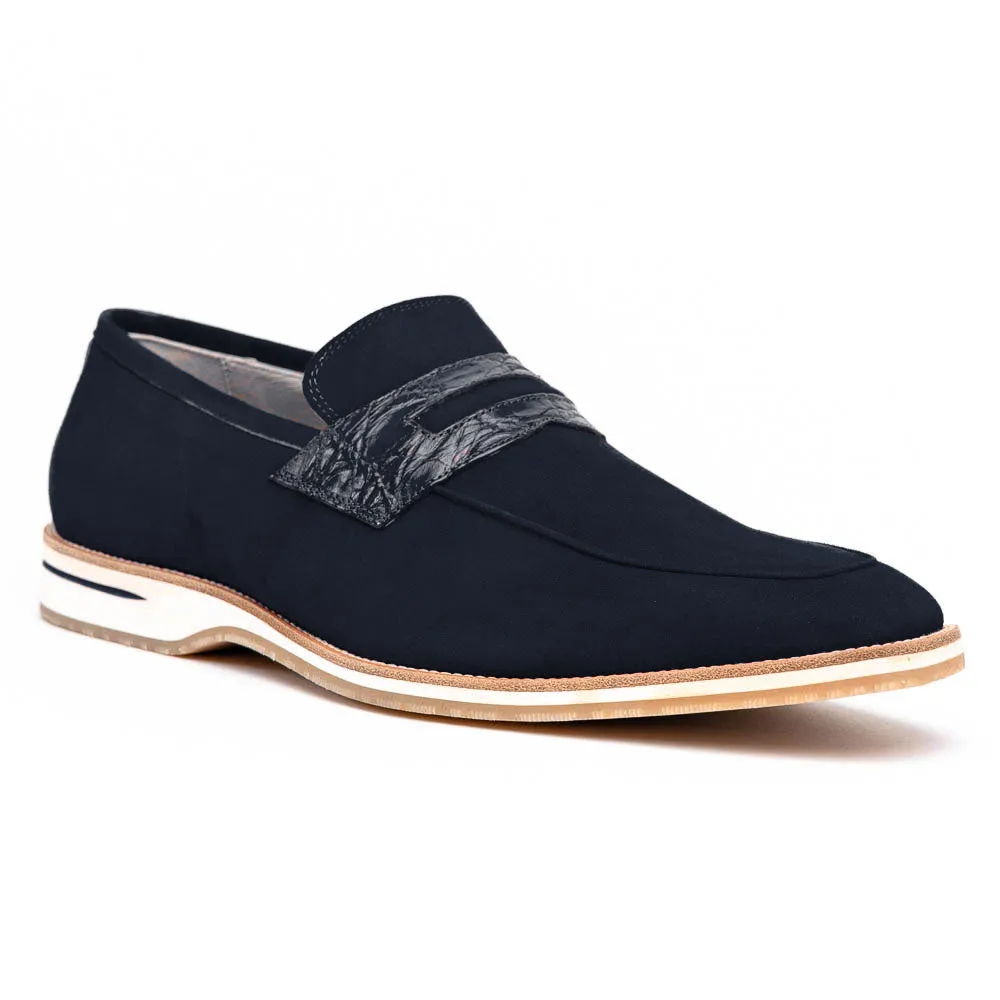 11-020-NVY MEO 3 Sueded Goatskin Penny Loafer, Navy