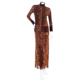 1990s Maille Femme Brown Mesh Leopard Two-Piece Dress and Cardigan Set