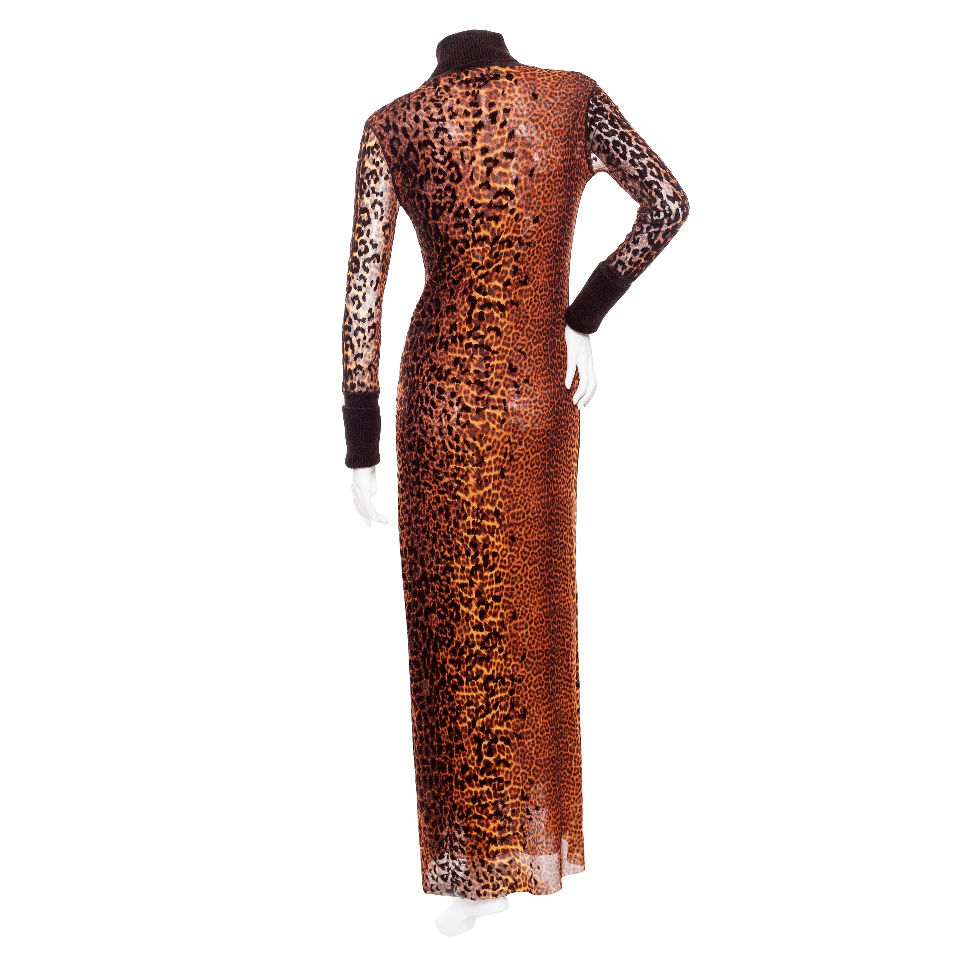 1990s Maille Femme Brown Mesh Leopard Two-Piece Dress and Cardigan Set