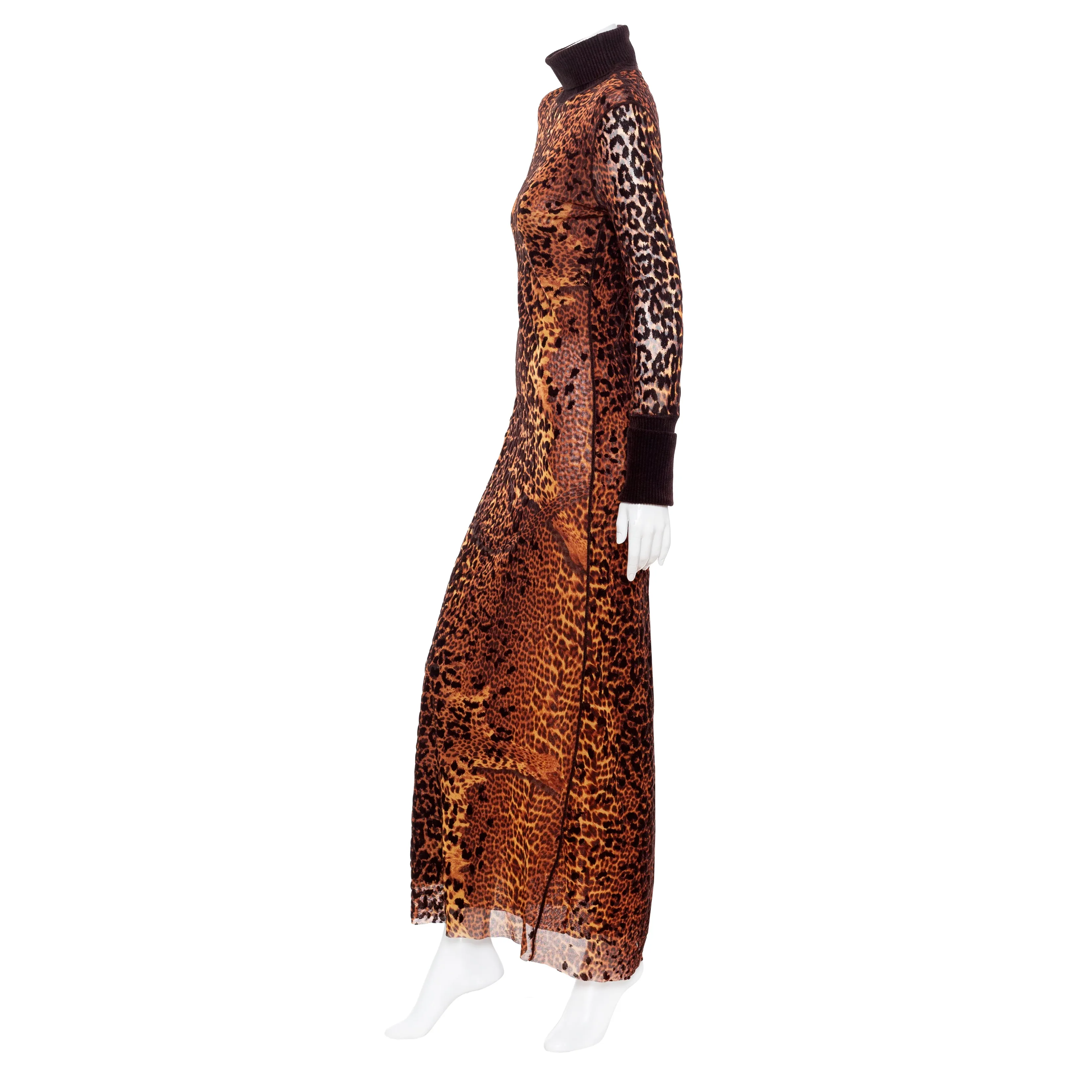 1990s Maille Femme Brown Mesh Leopard Two-Piece Dress and Cardigan Set