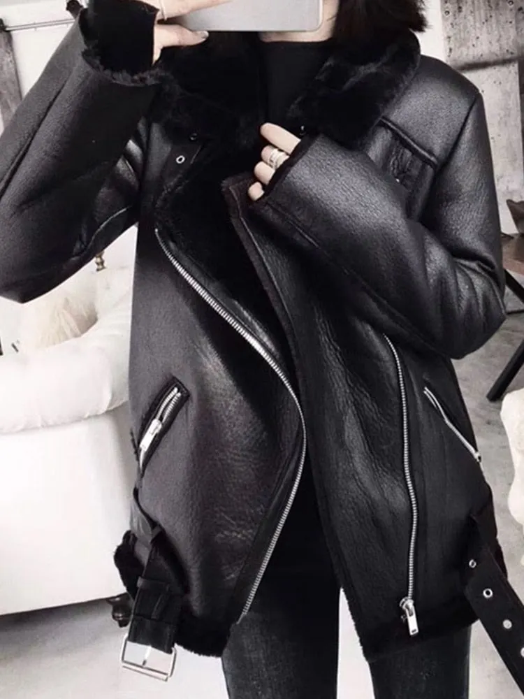 2024 Womens Coats Women Thick Faux Leather Fur Sheepskin Motorcycle Coat