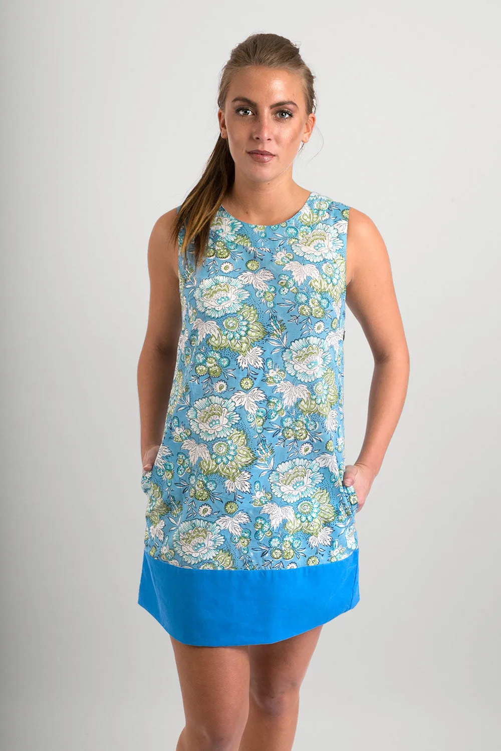 60s Style Cotton Dress Blue Floral Print with Pockets