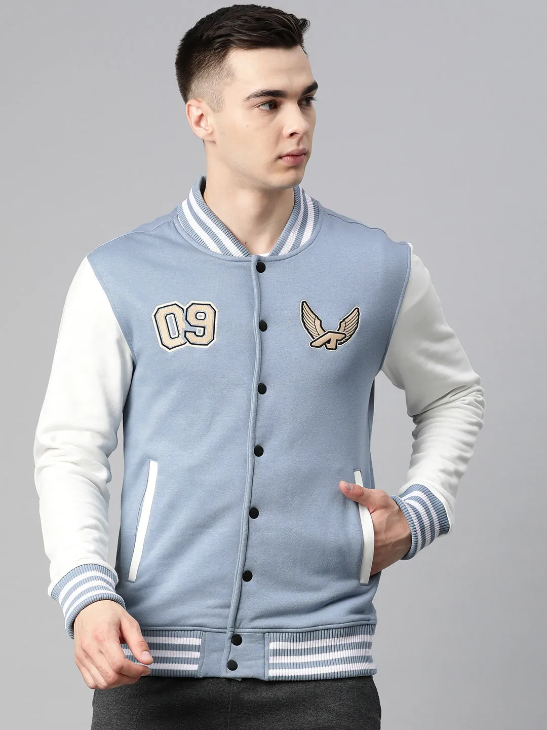 Alcis Men Blue Typography Printed Varsity Jacket