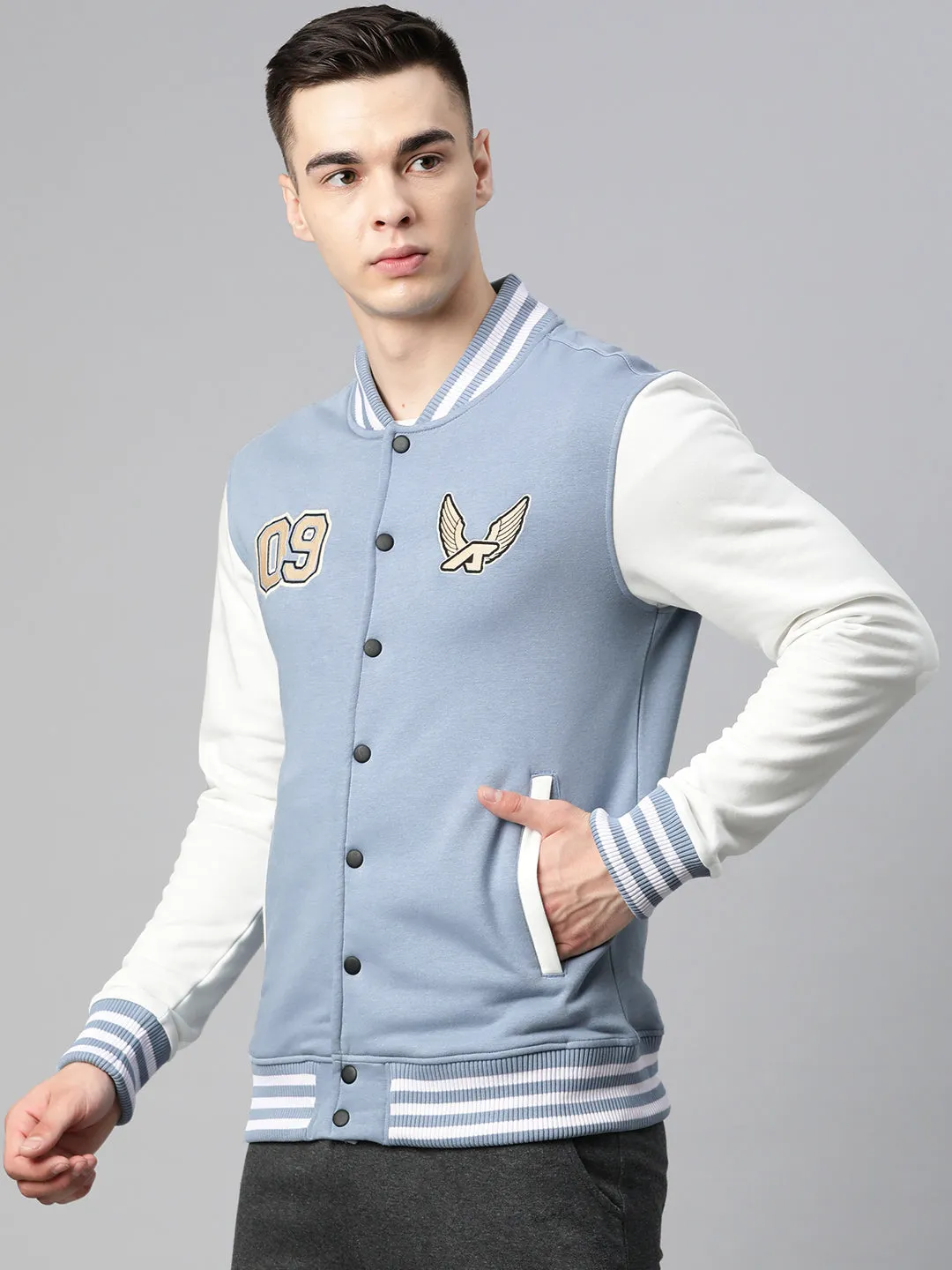 Alcis Men Blue Typography Printed Varsity Jacket