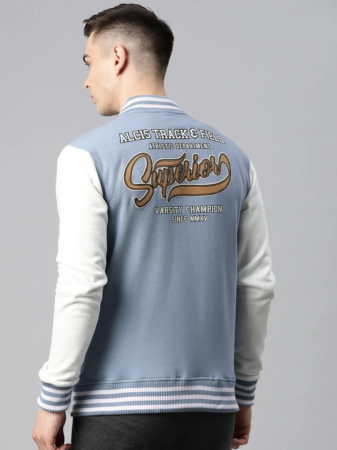 Alcis Men Blue Typography Printed Varsity Jacket