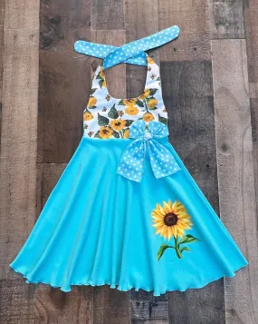 Aqua Sunflower Twirl Dress