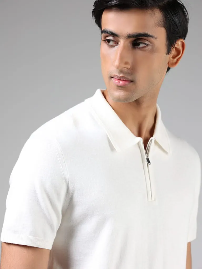 Ascot Off White Relaxed-Fit Polo Zipper T-Shirt