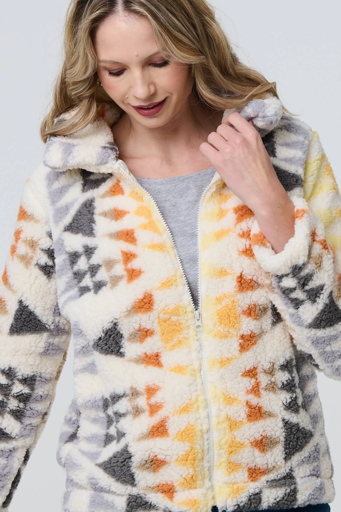 Aztec Print Relaxed Teddy Fur Jacket