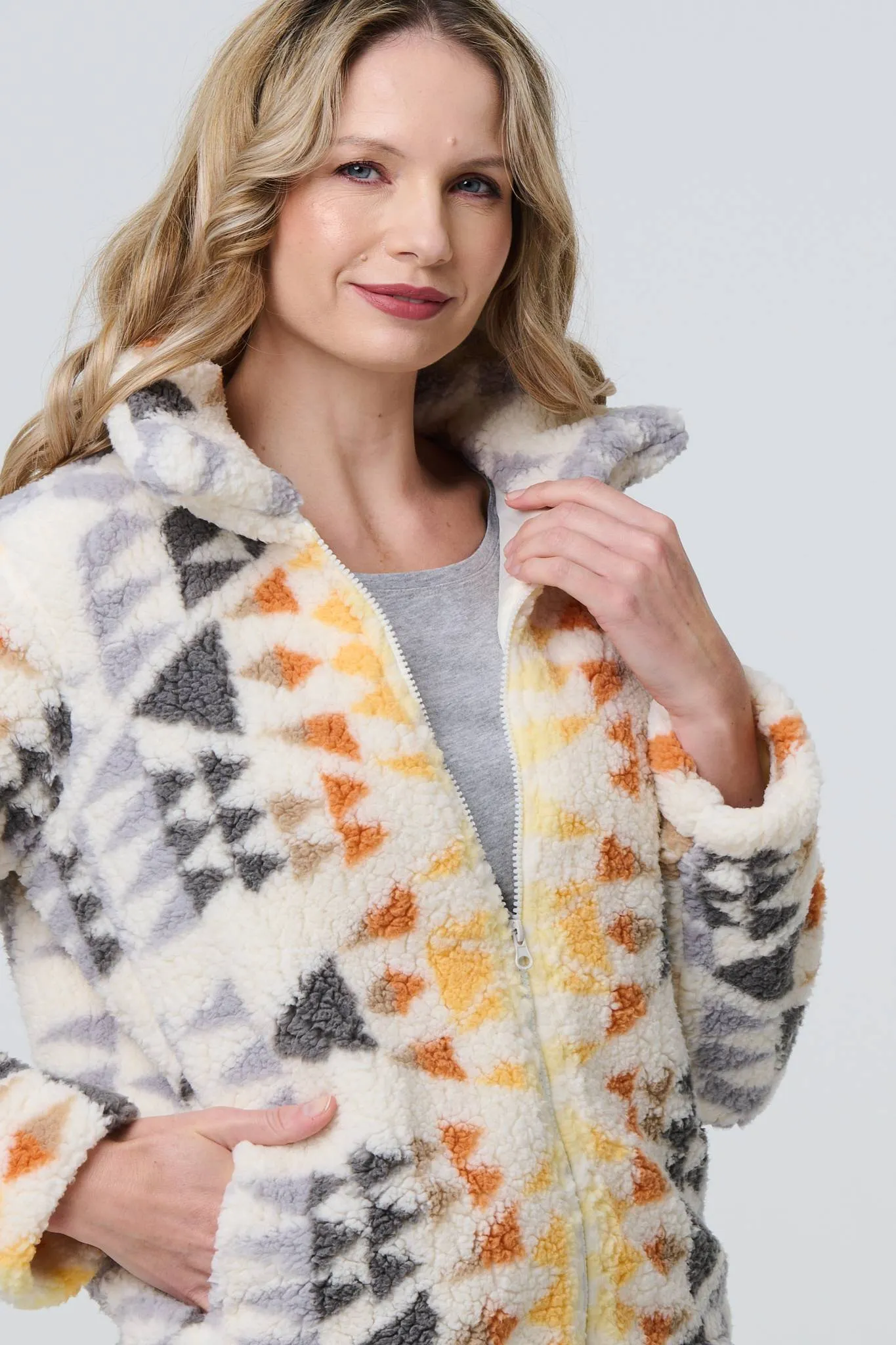 Aztec Print Relaxed Teddy Fur Jacket