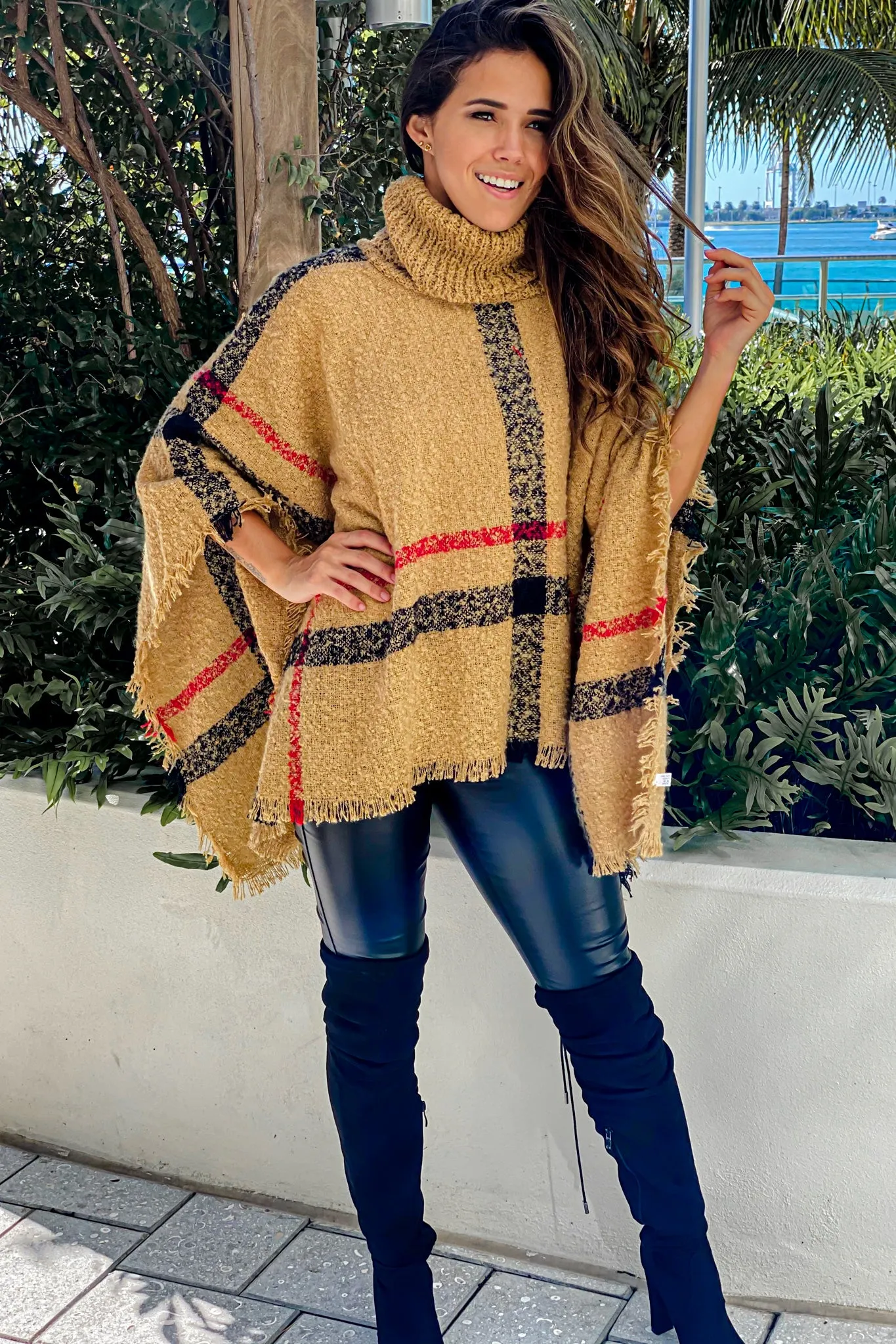 Beige Plaid Turtleneck Poncho