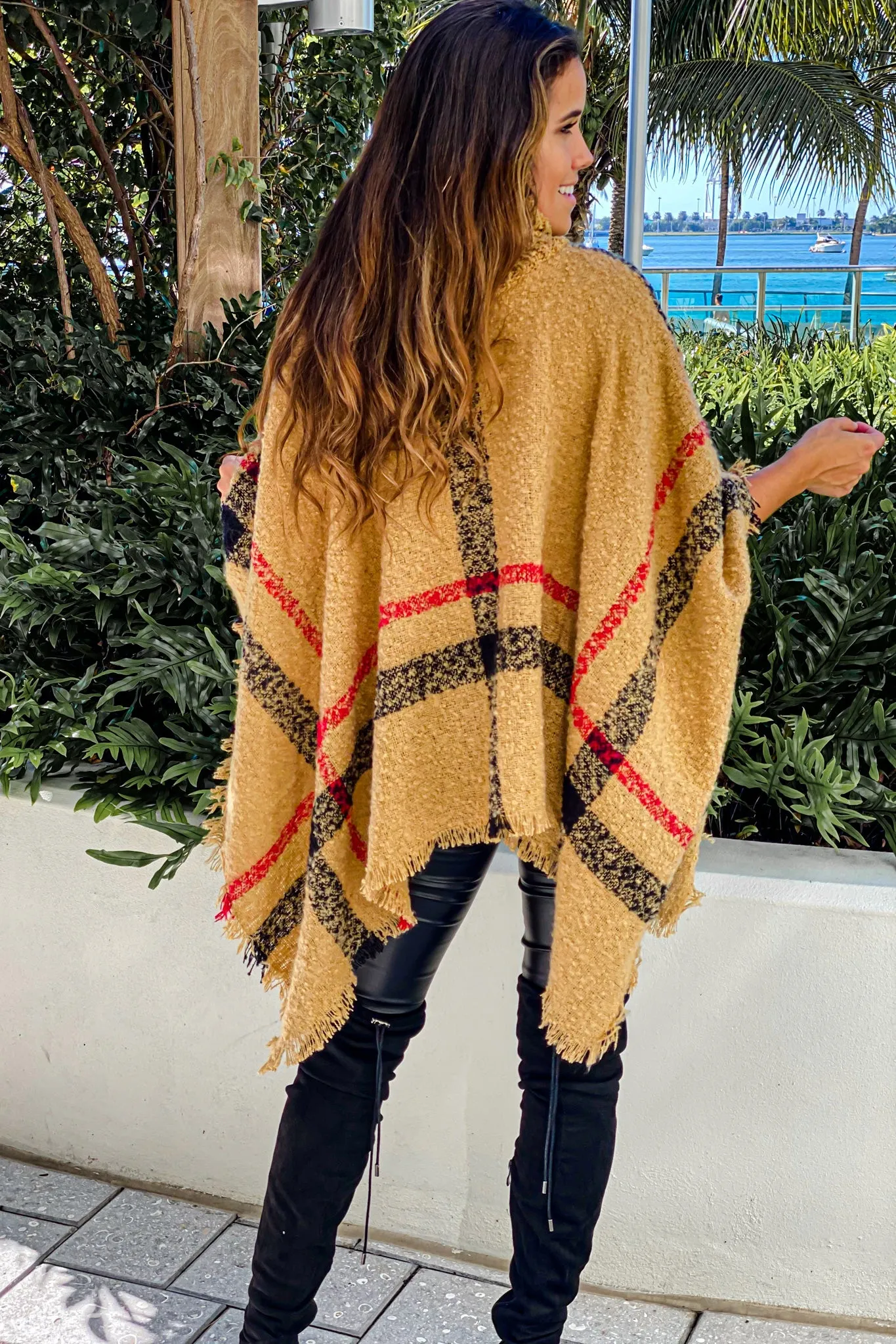 Beige Plaid Turtleneck Poncho