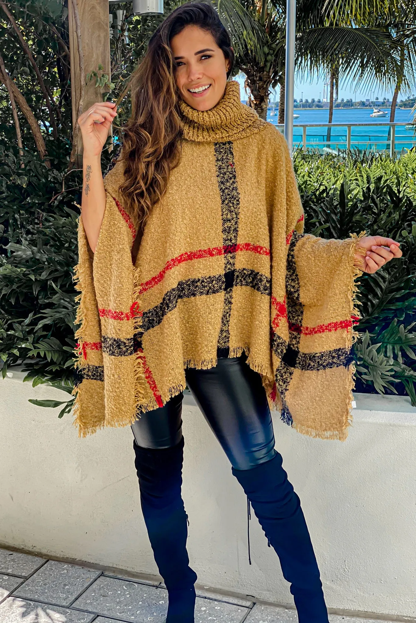 Beige Plaid Turtleneck Poncho