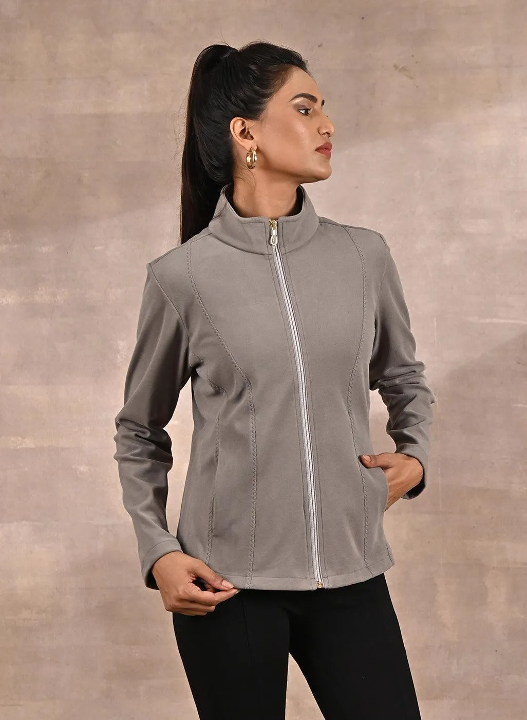 Beige Spread-neck Fleece Jacket with Zip-Closure