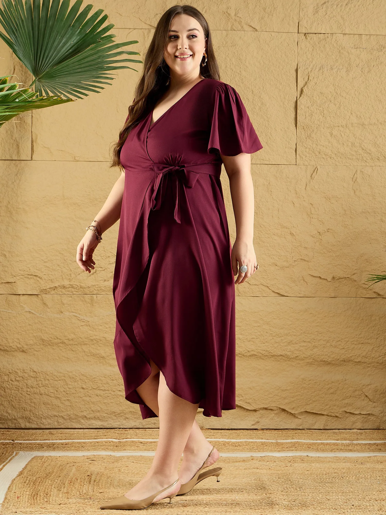 Berrylush Curve Women Maroon Solid V-Neck Flared Sleeves Wrap Maxi Dress