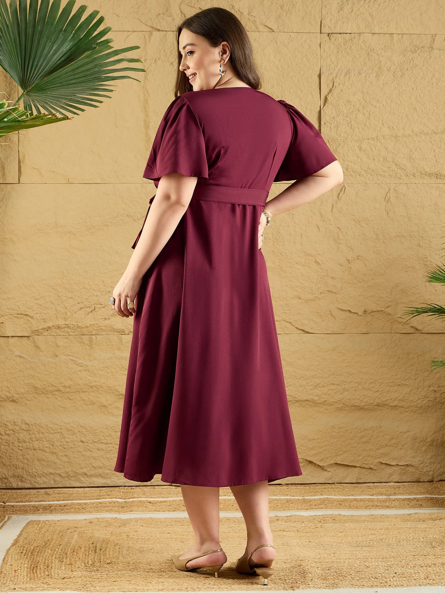 Berrylush Curve Women Maroon Solid V-Neck Flared Sleeves Wrap Maxi Dress