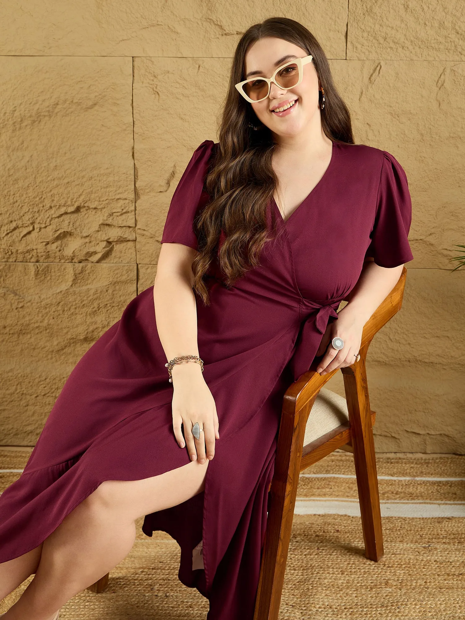 Berrylush Curve Women Maroon Solid V-Neck Flared Sleeves Wrap Maxi Dress