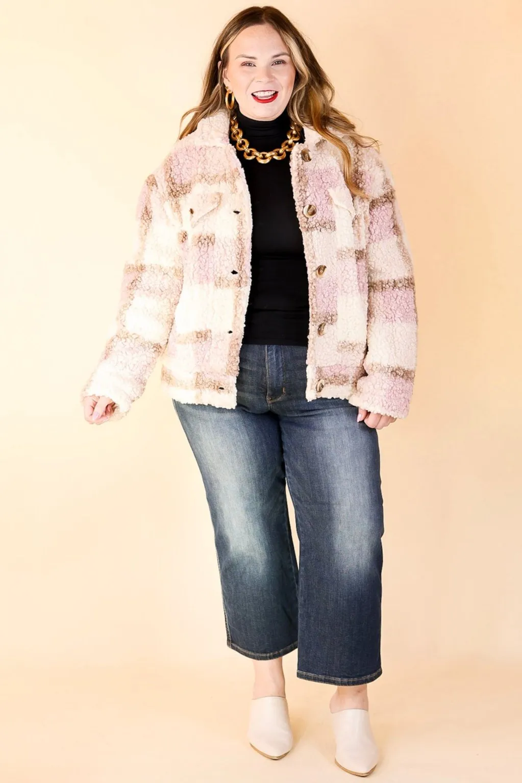 Better in Brooklyn Plaid Button Up Sherpa Jacket in Pink and Ivory