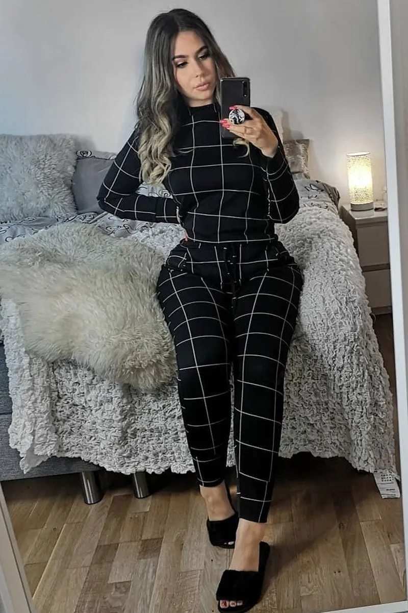 Black Check Sweatshirt Joggers Loungewear Set - Mica