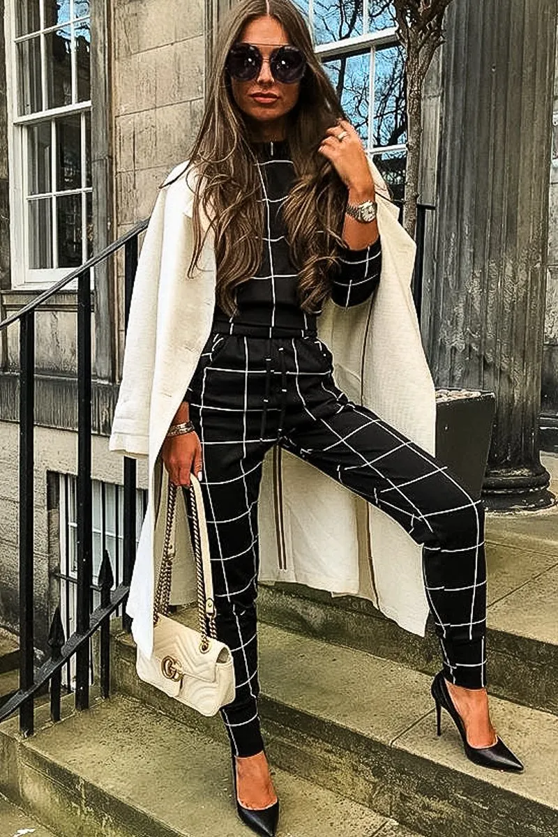 Black Check Sweatshirt Joggers Loungewear Set - Mica