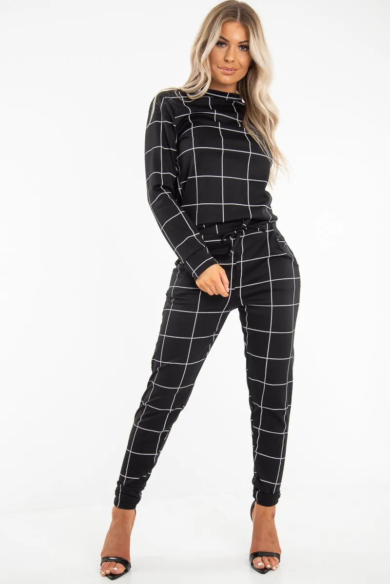 Black Check Sweatshirt Joggers Loungewear Set - Mica