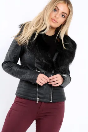 Black Faux Leather Biker Jacket with Fur Collar - Lindy