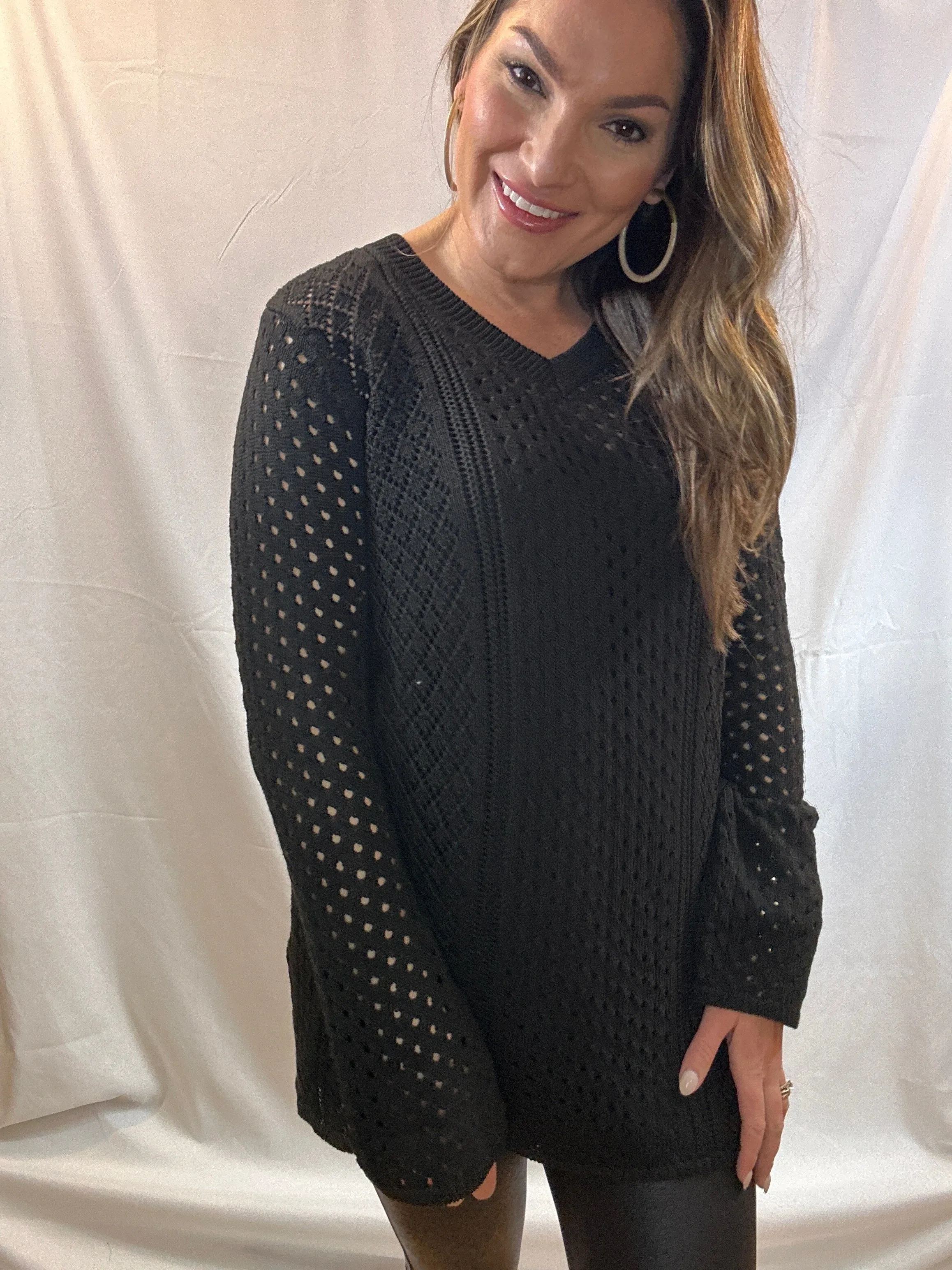 Black Knitted Bell Sleeve Tunic