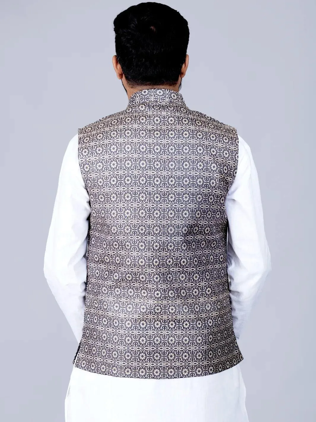 Black Printed Ghicha Silk Modi Jacket