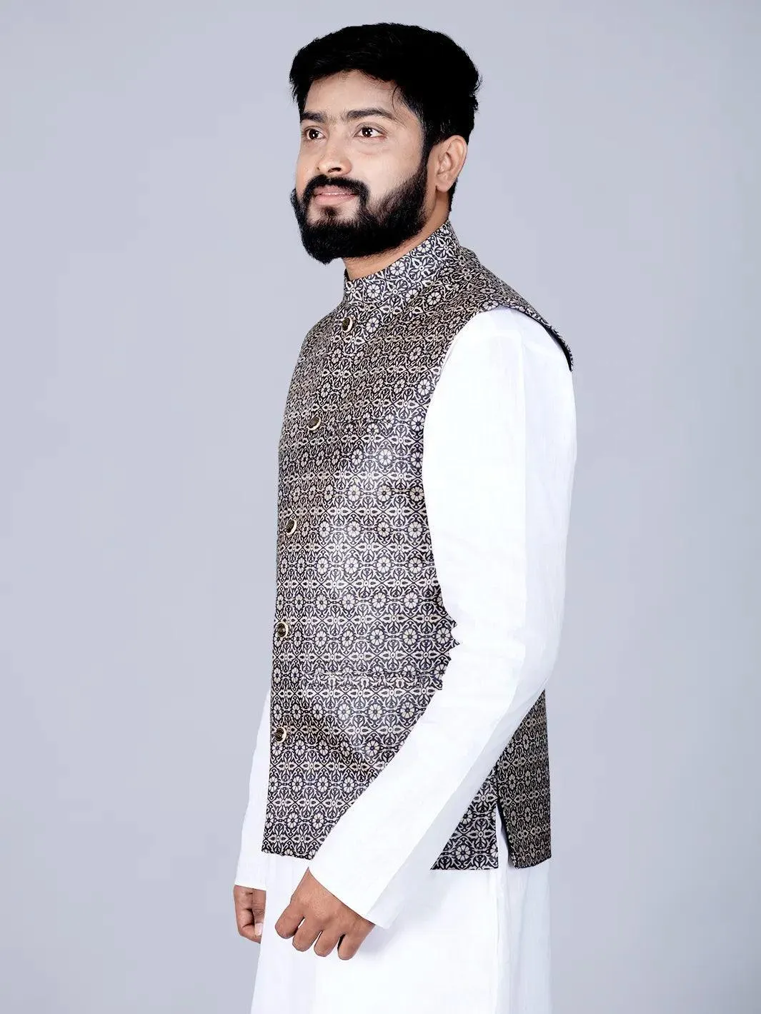 Black Printed Ghicha Silk Modi Jacket