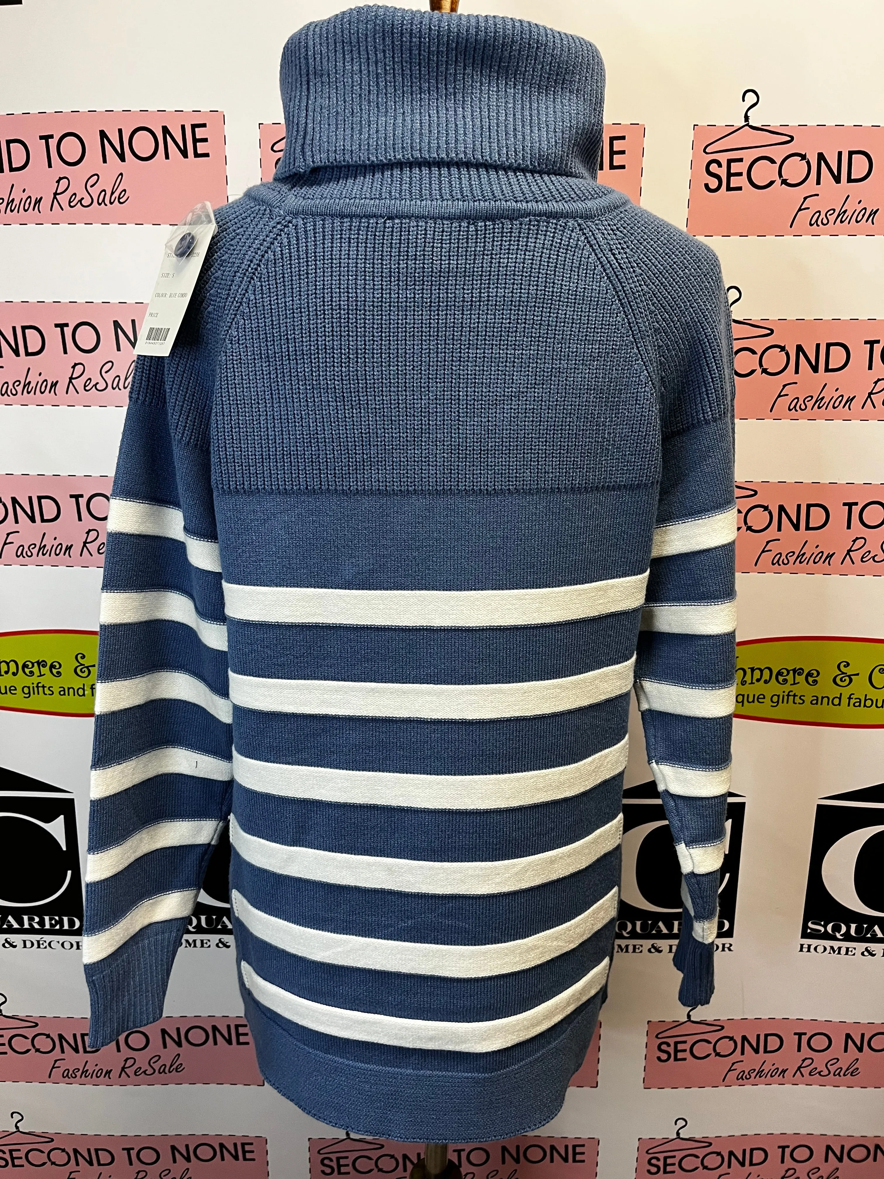 Blue & White Striped Turtleneck Sweater