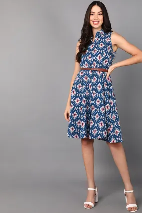 Blue Cotton Abstract Print Midi Dress