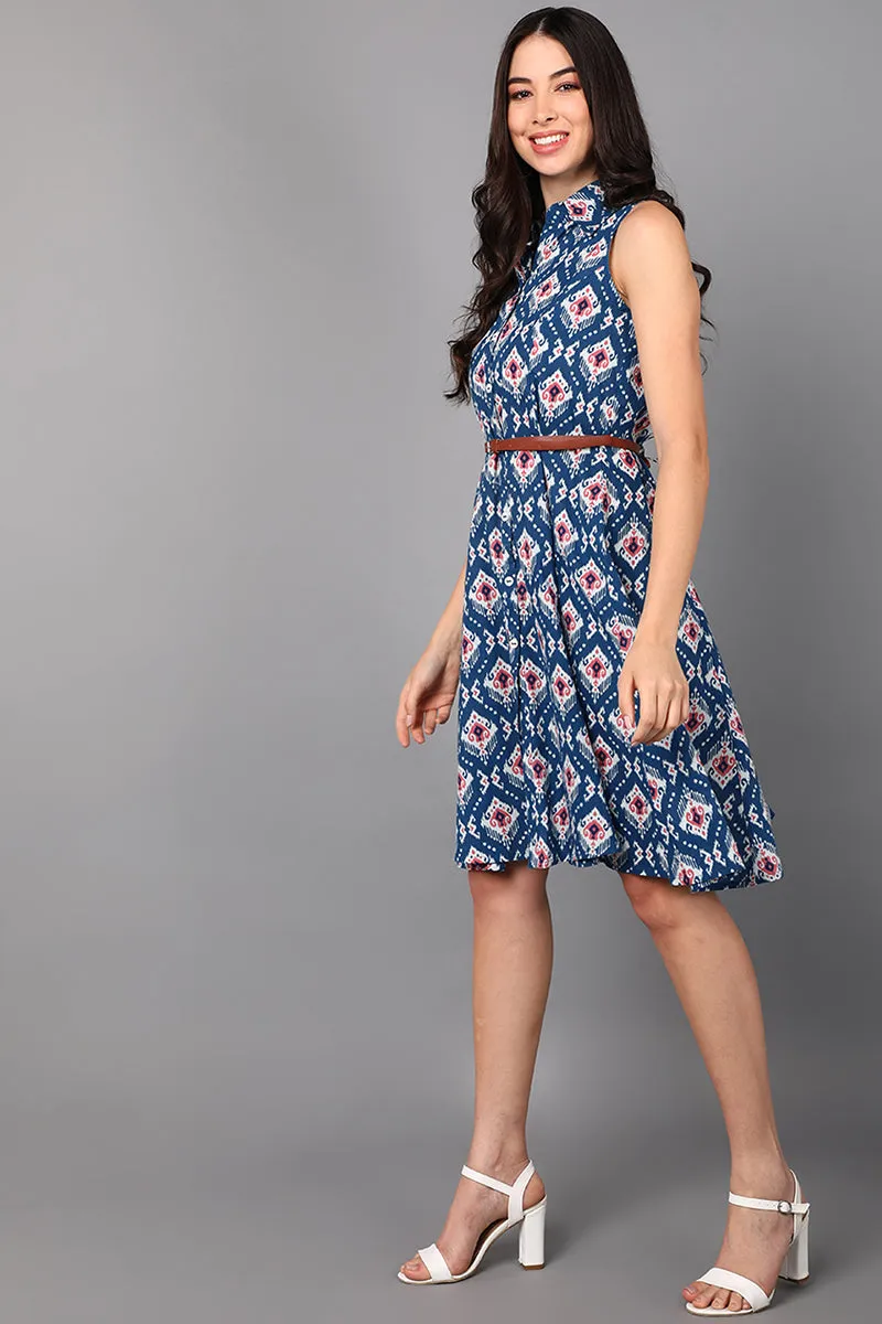 Blue Cotton Abstract Print Midi Dress