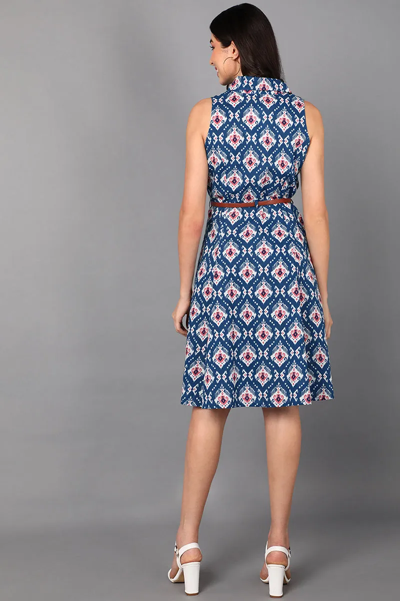 Blue Cotton Abstract Print Midi Dress