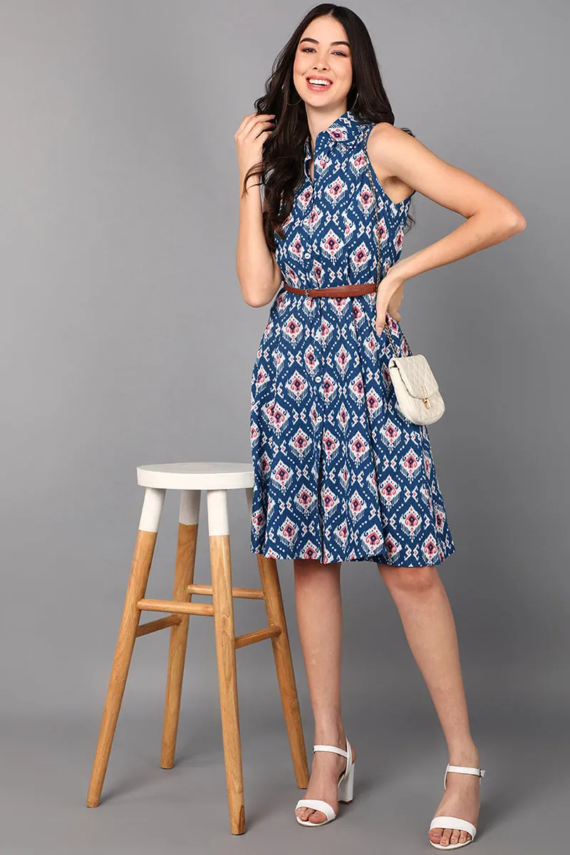 Blue Cotton Abstract Print Midi Dress