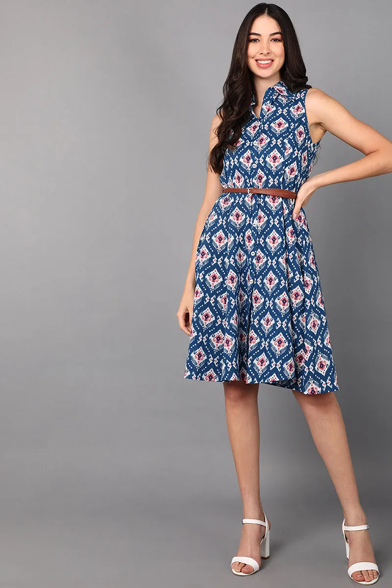 Blue Cotton Abstract Print Midi Dress