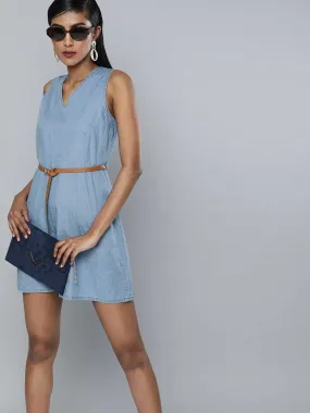 Blue Denim Sleeveless Skater Dress