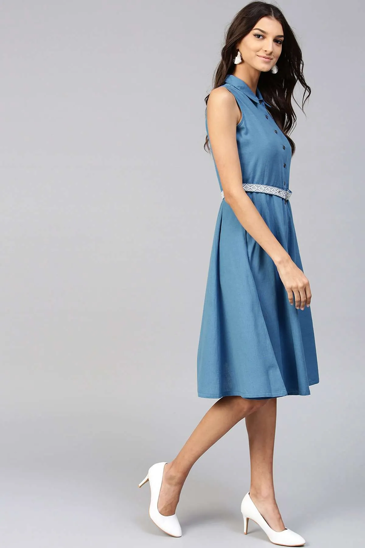 Blue Embroidered Belt Ethnic Midi Dress