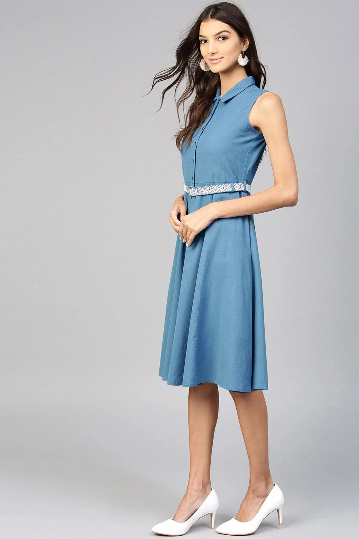 Blue Embroidered Belt Ethnic Midi Dress