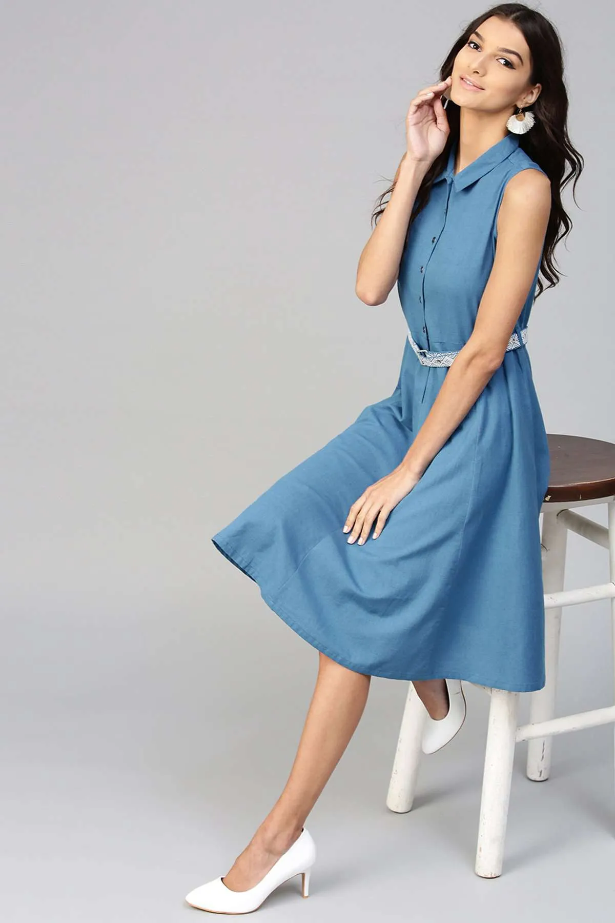 Blue Embroidered Belt Ethnic Midi Dress