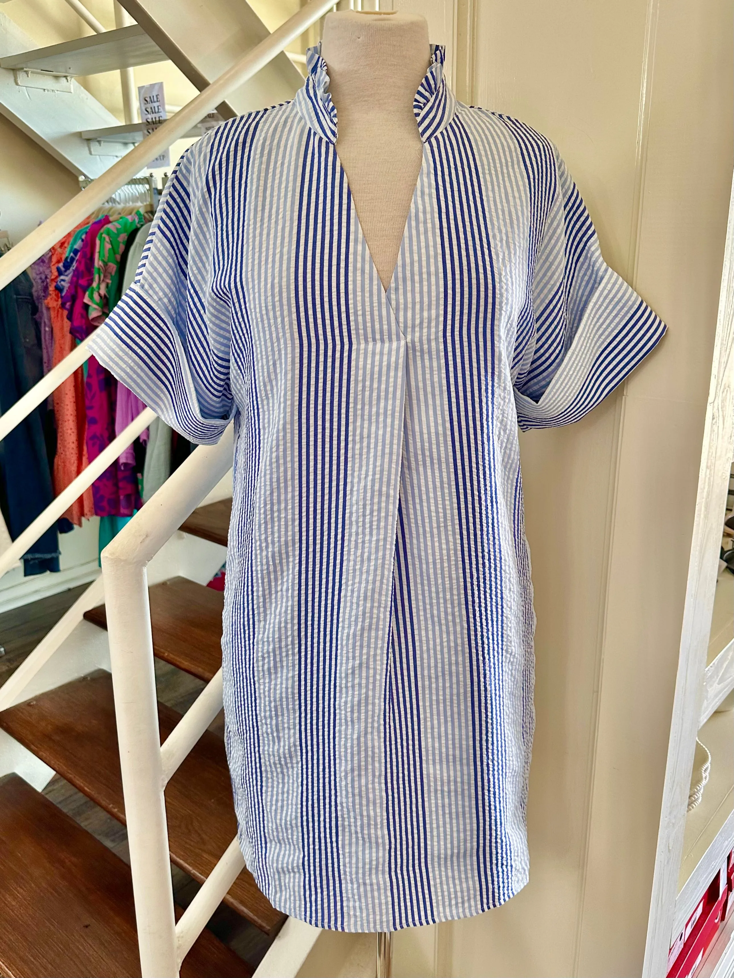 Blue Stripe Seersucker Dress