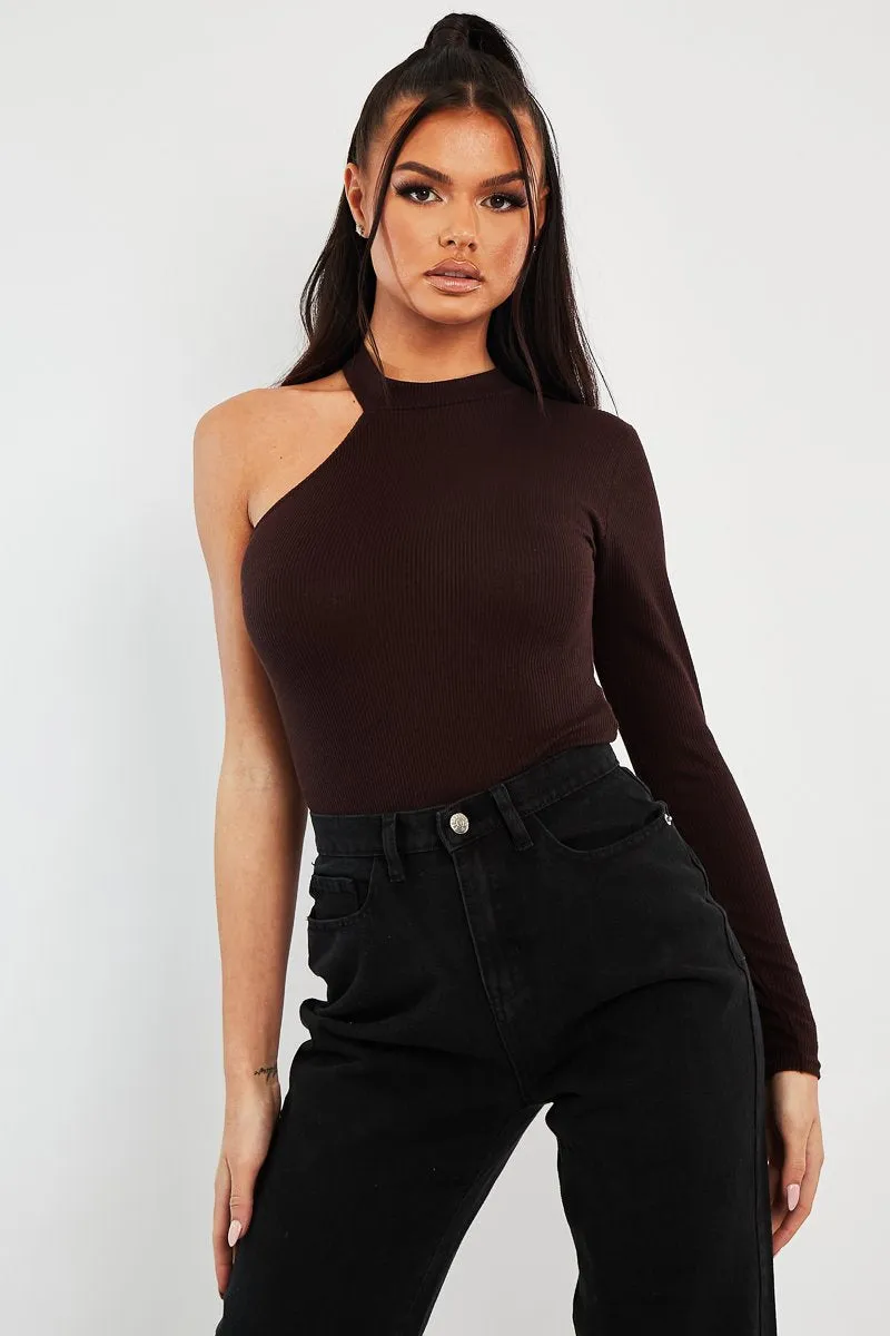 Brown One Sleeve High Neck Bodysuit - Oakley