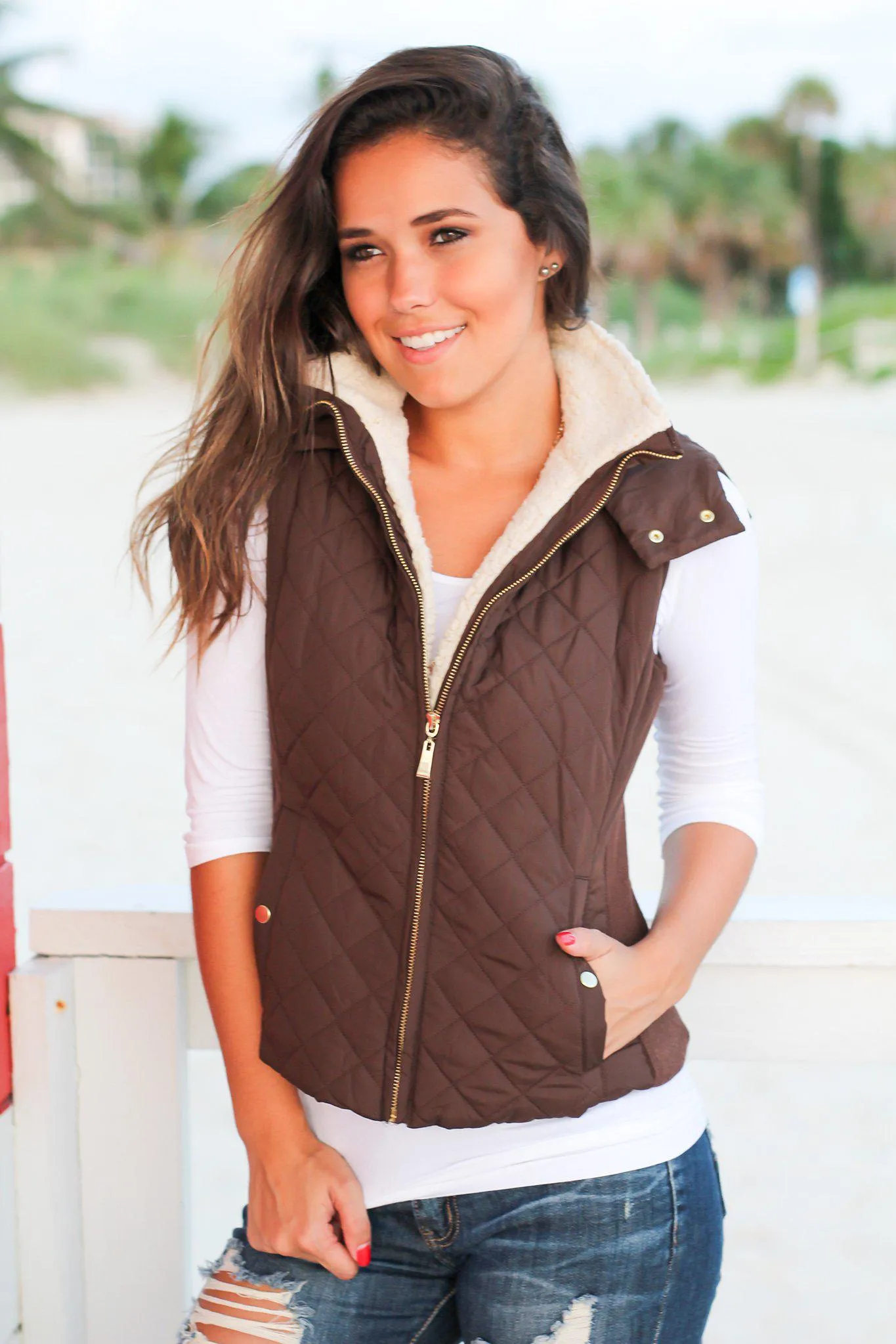 Brown Quilted Vest with Fur Collar