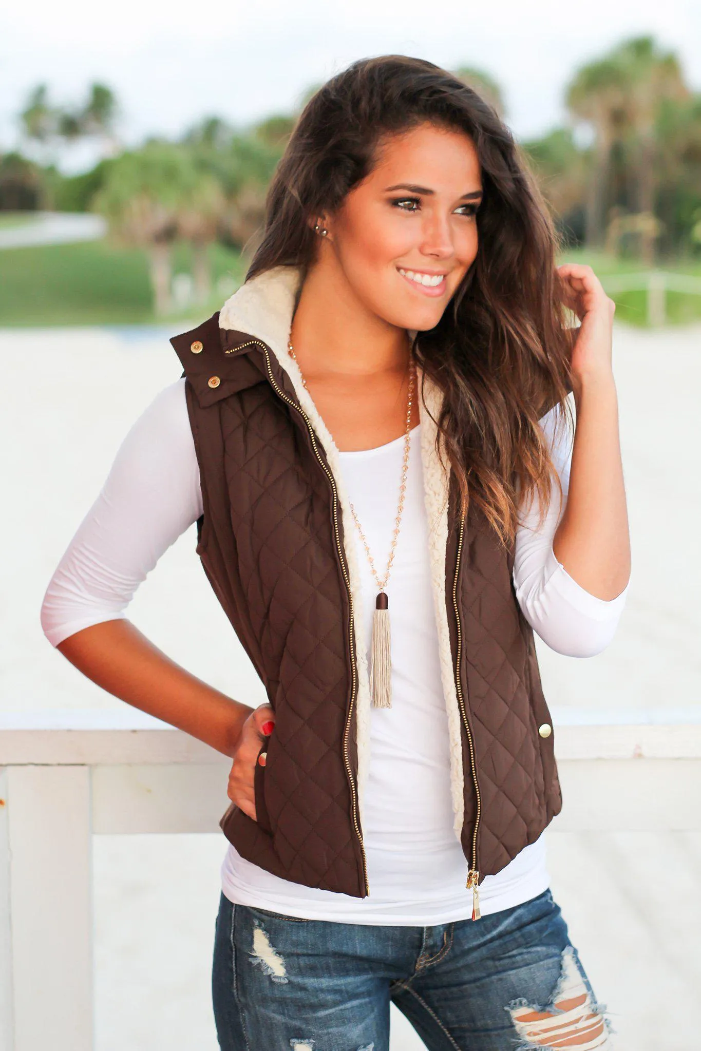 Brown Quilted Vest with Fur Collar