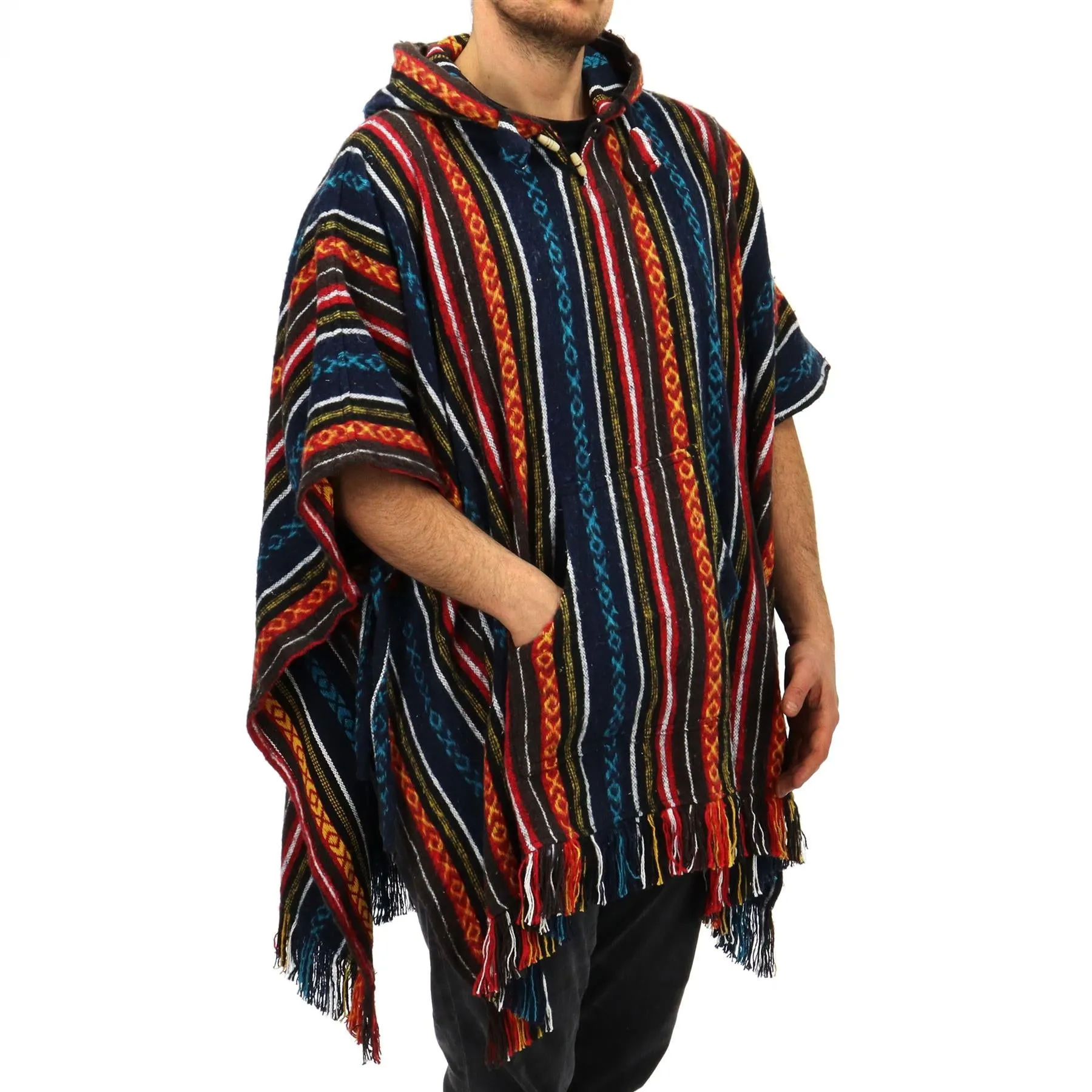 Brushed Cotton Hooded Poncho - Blue Red