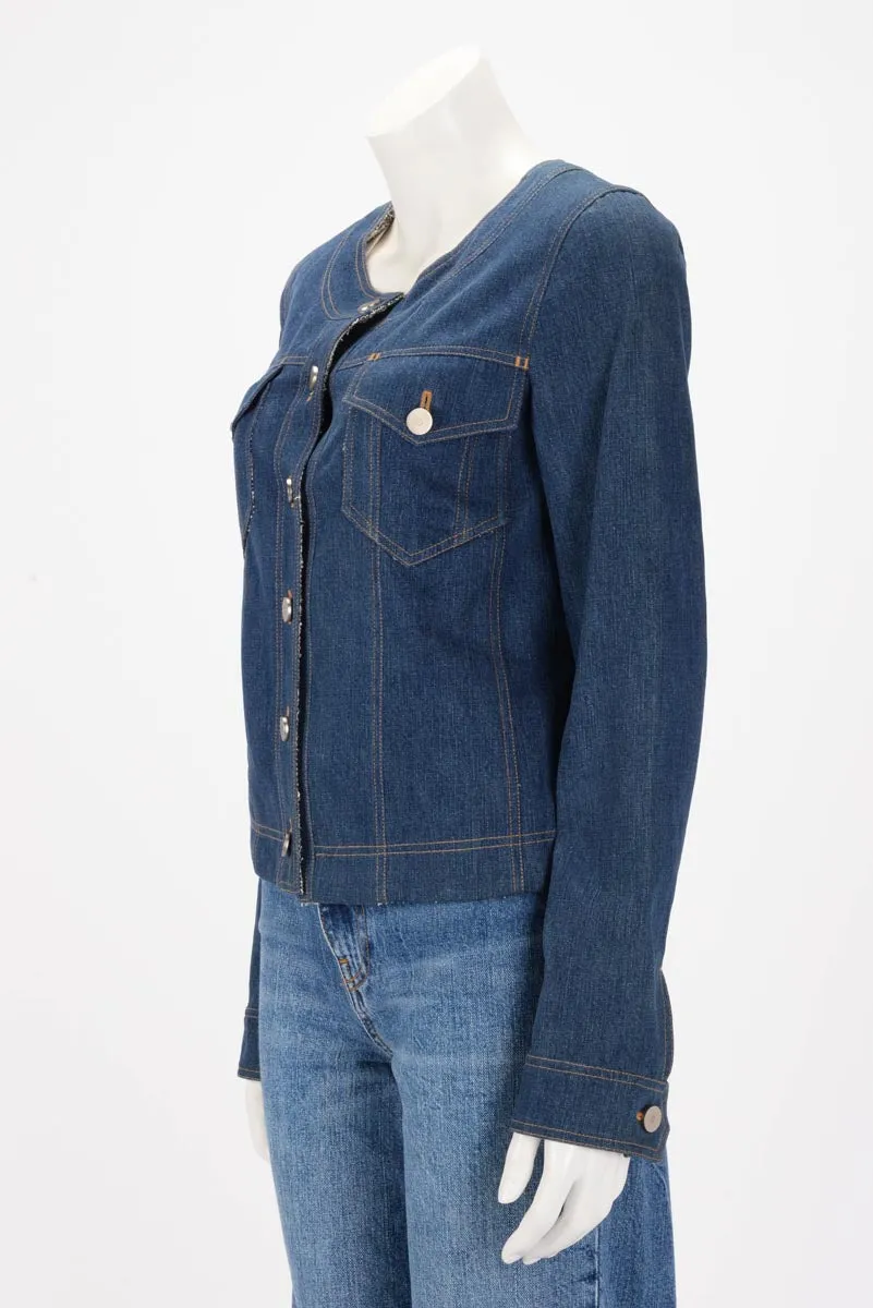 Chanel Blue Denim Collarless Jacket FR 36