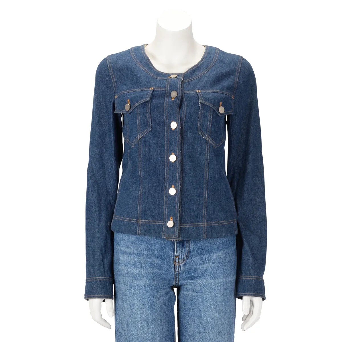 Chanel Blue Denim Collarless Jacket FR 36