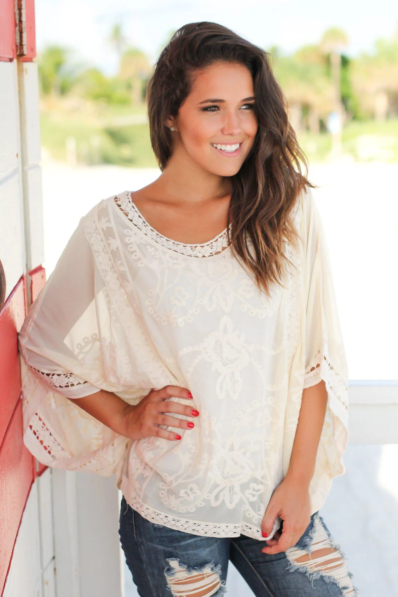 Cream Embroidered Poncho