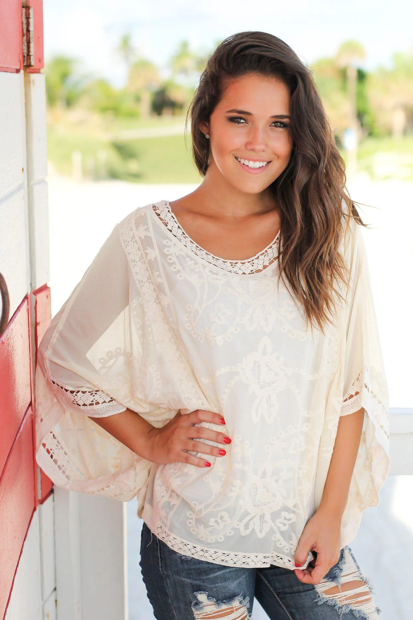 Cream Embroidered Poncho