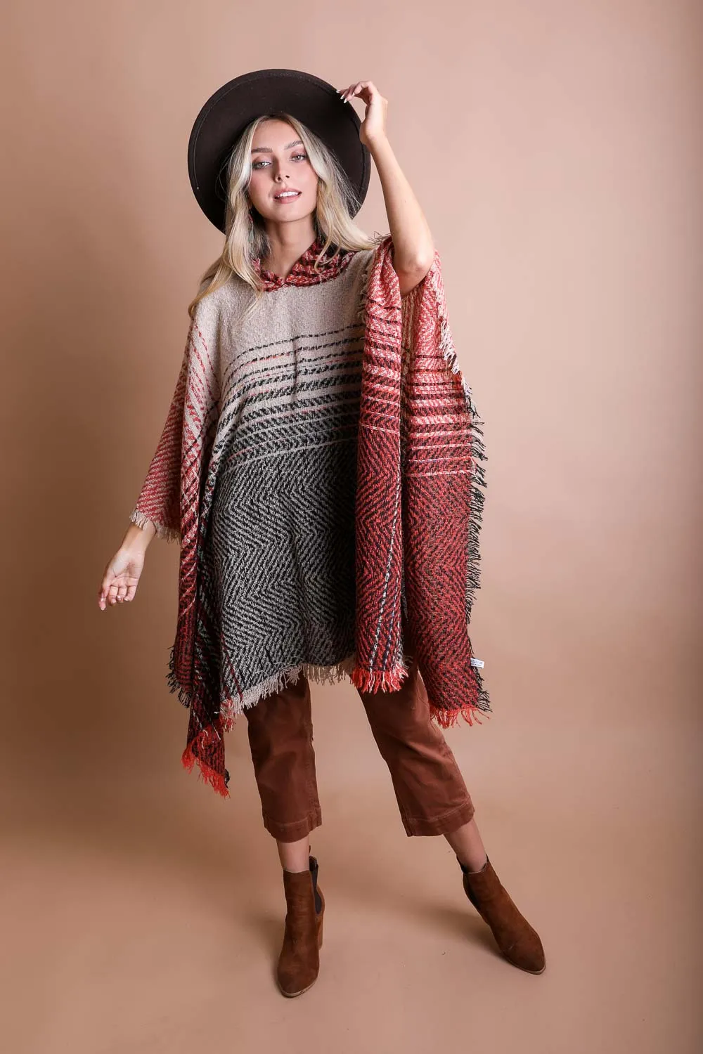 Cuddly Herringbone Hooded Poncho