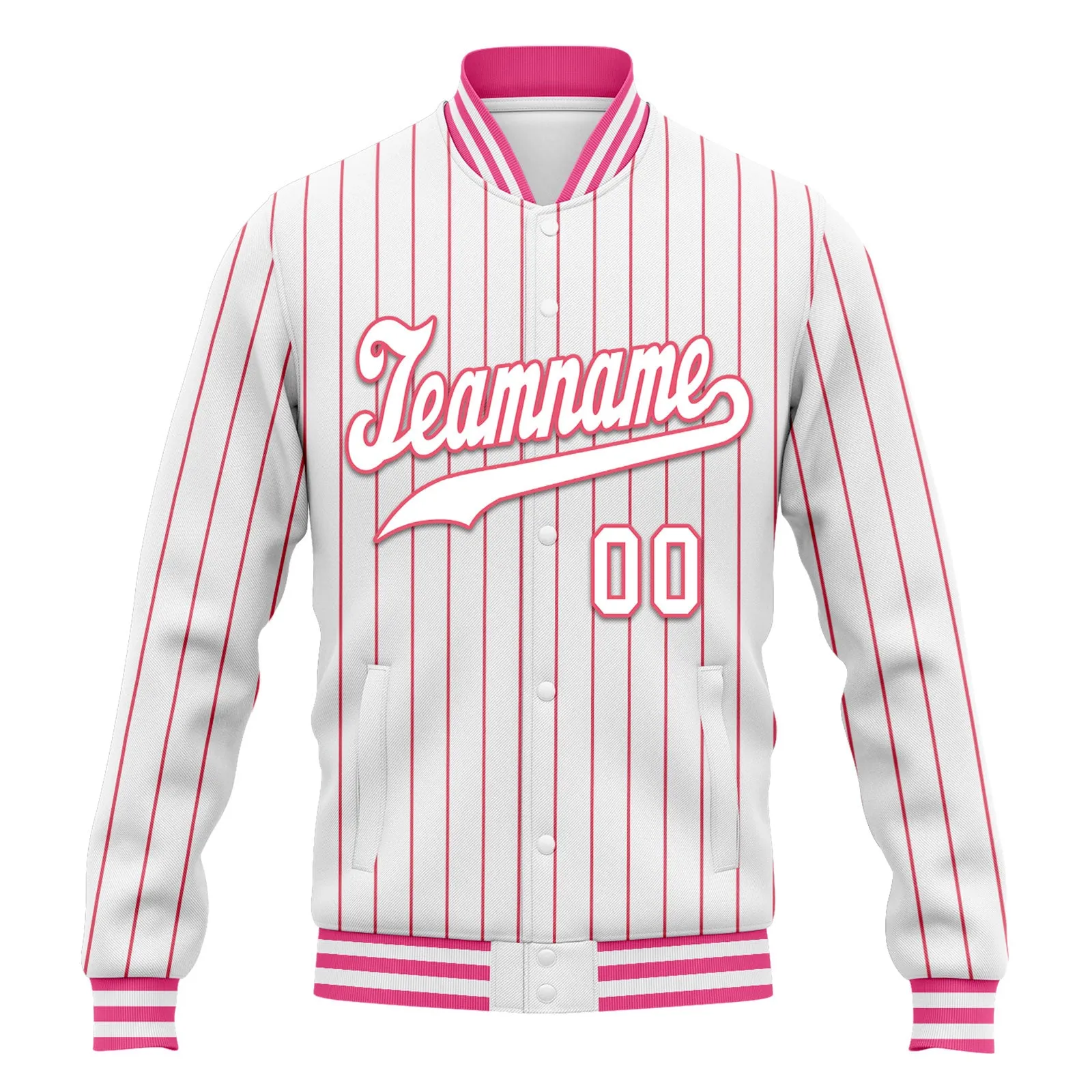 Custom White Pink Stripe Fashion Jacket Bomber Full-Snap Varsity Letterman Personalized Jacket FZ005-D020219-6