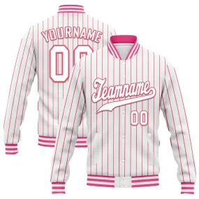 Custom White Pink Stripe Fashion Jacket Bomber Full-Snap Varsity Letterman Personalized Jacket FZ005-D020219-6